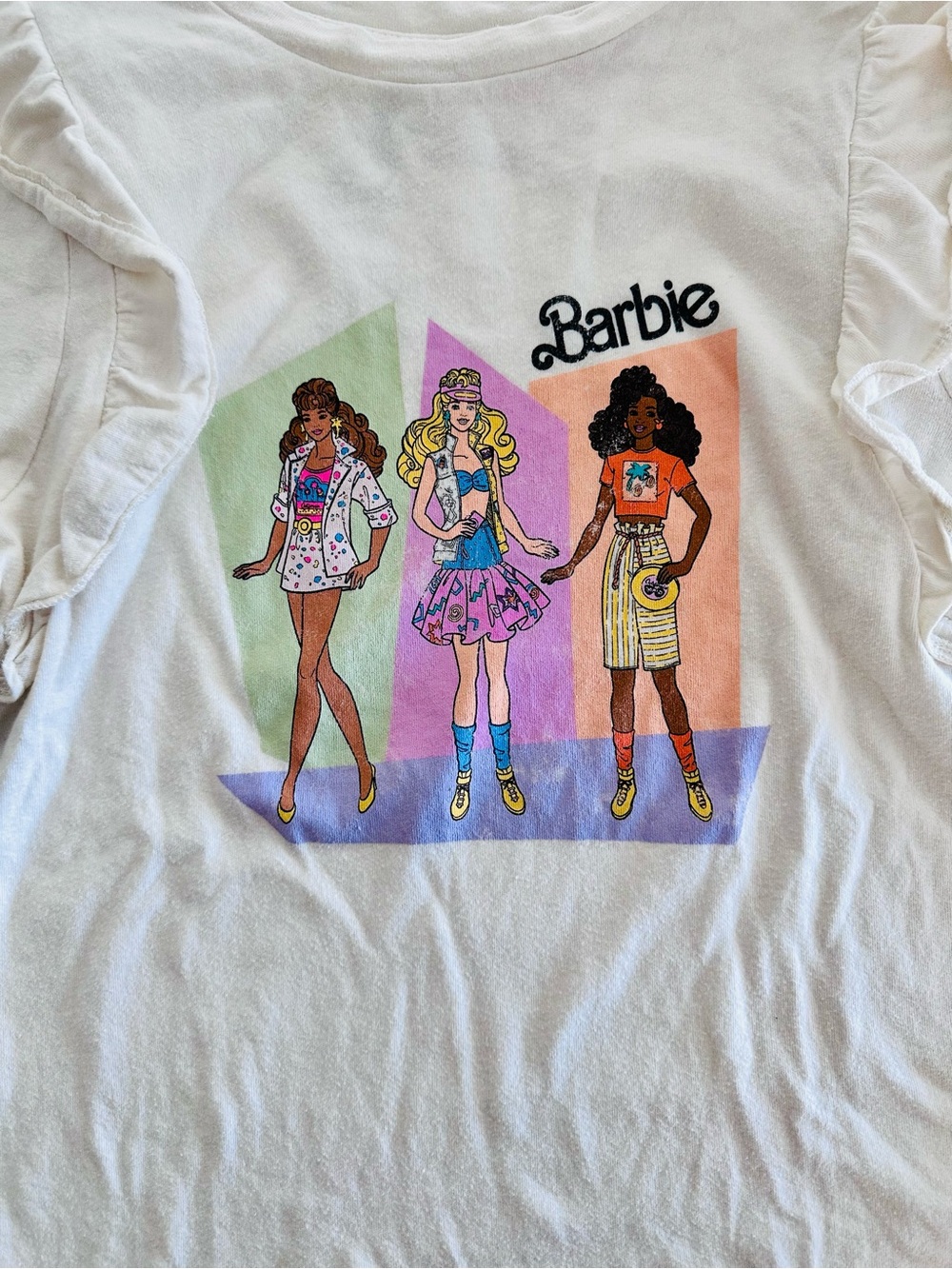 Barbie White Long-Sleeve Tee with Multicolor Retro Doll Trio